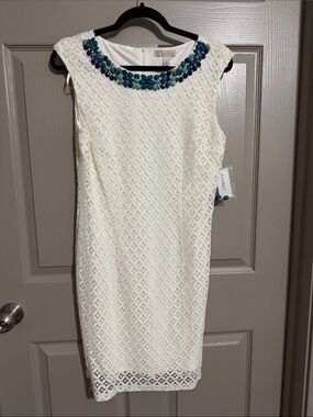 dressbarn Ivory Lace Sheath Dress with Blue Beaded Collar